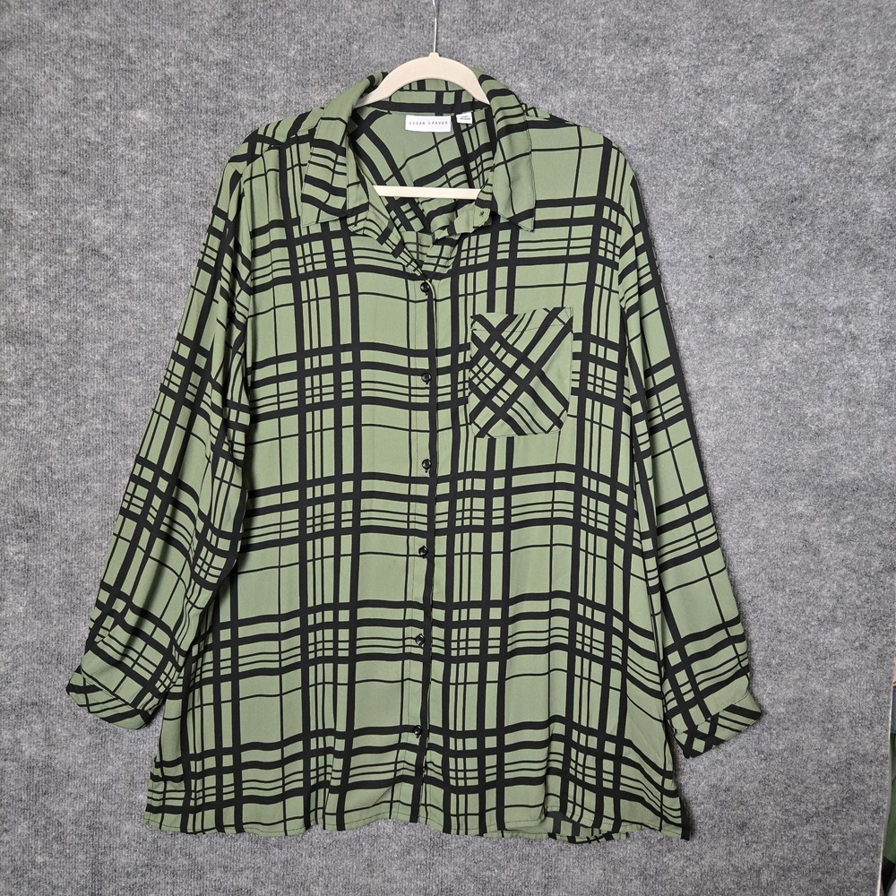 Susan Graver Top Womens 20 Army Green Plaid Crepe Tunic Flowy Button Up